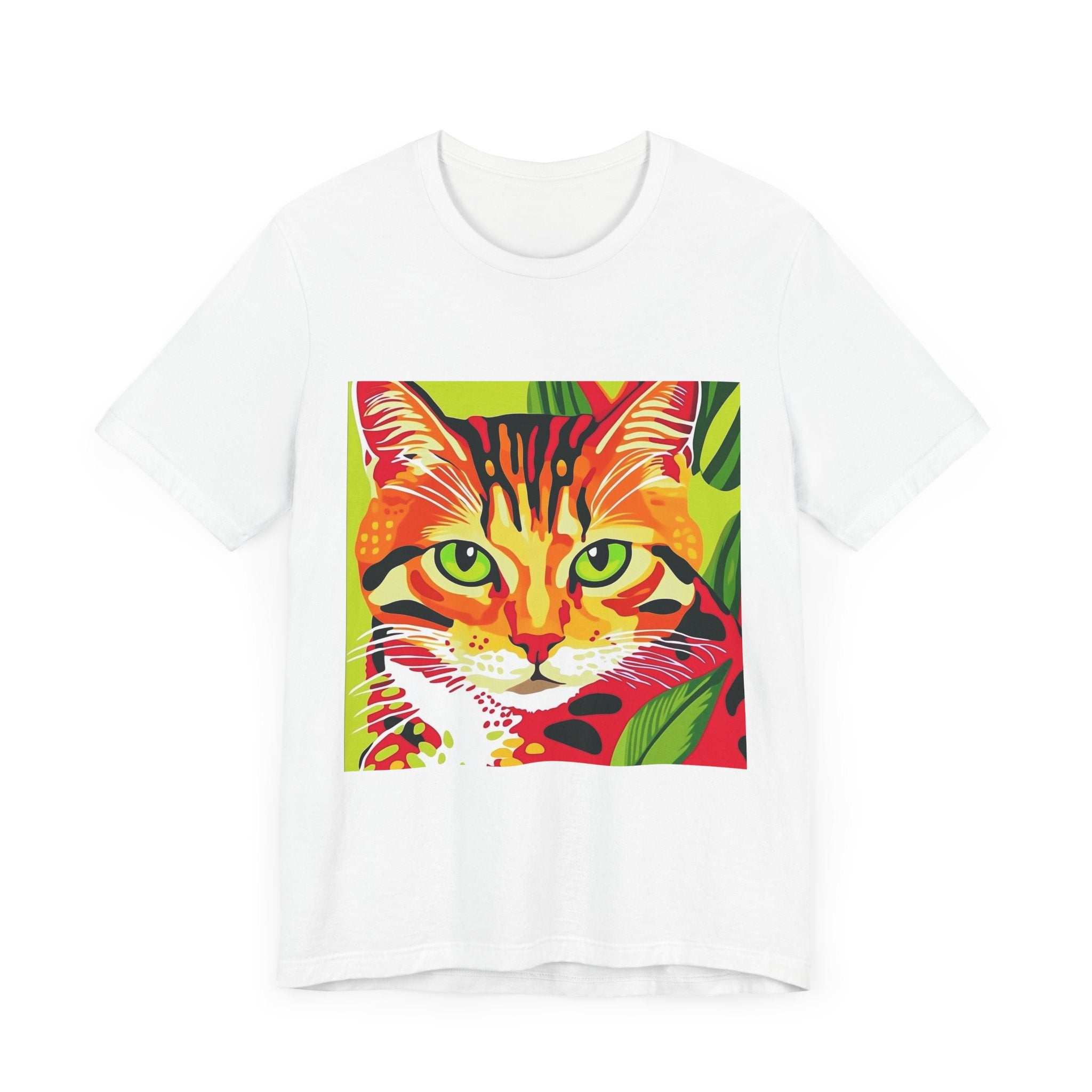 A close-up image of a white short sleeve tee with colorful Savana stripes and a cat illustration on the front