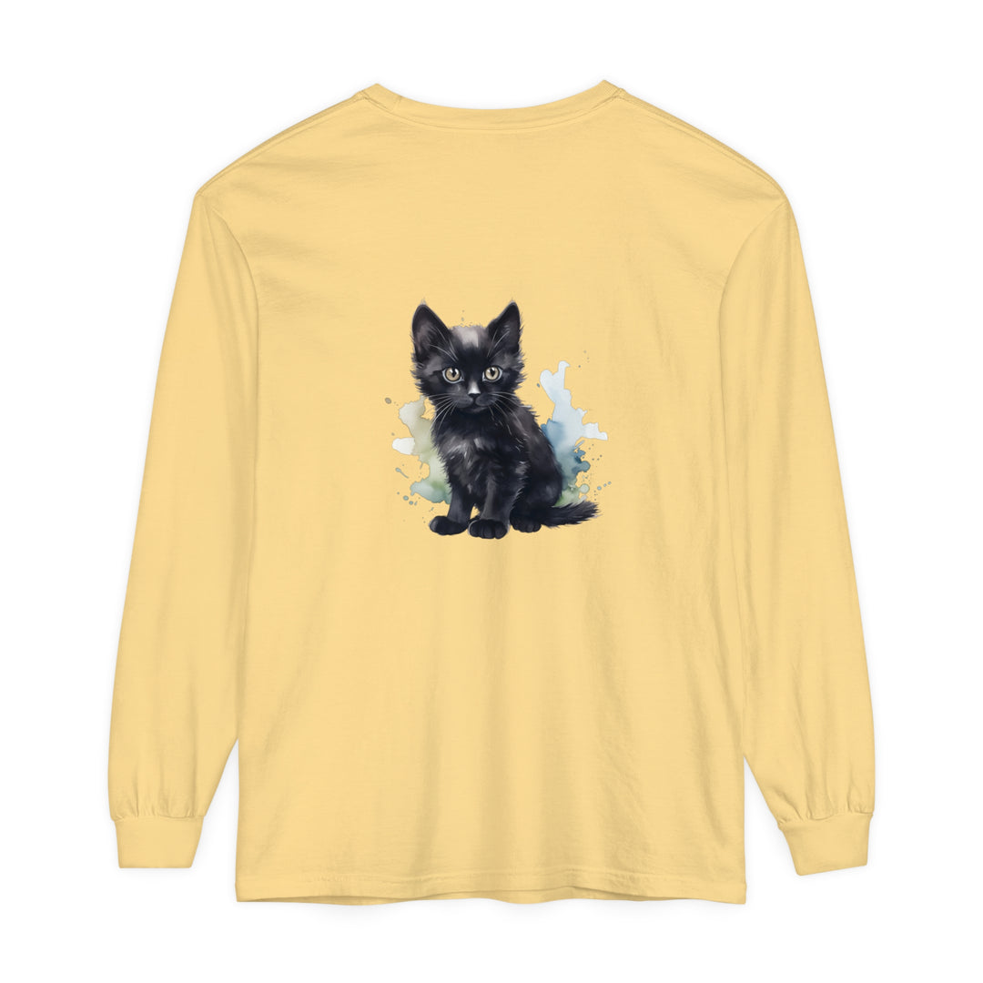 Beautiful watercolor painting of a black kitten on a long sleeve t-shirt