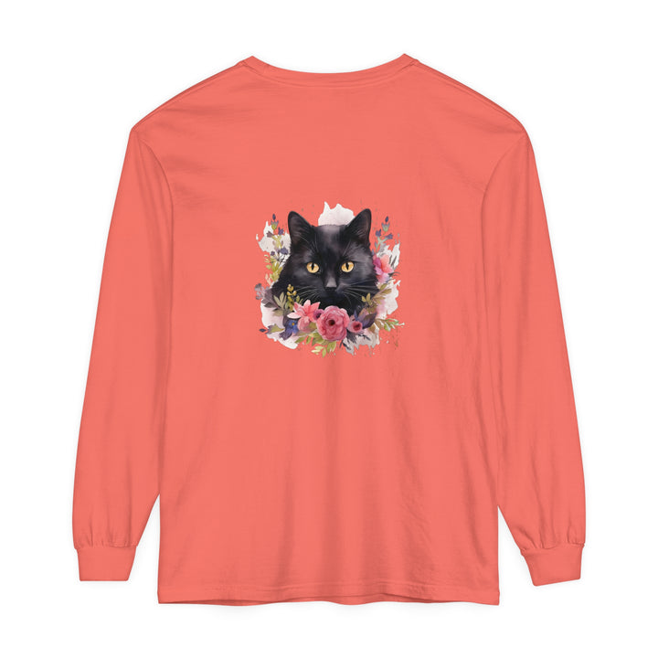 Long sleeve black t-shirt with watercolor floral design featuring a black cat