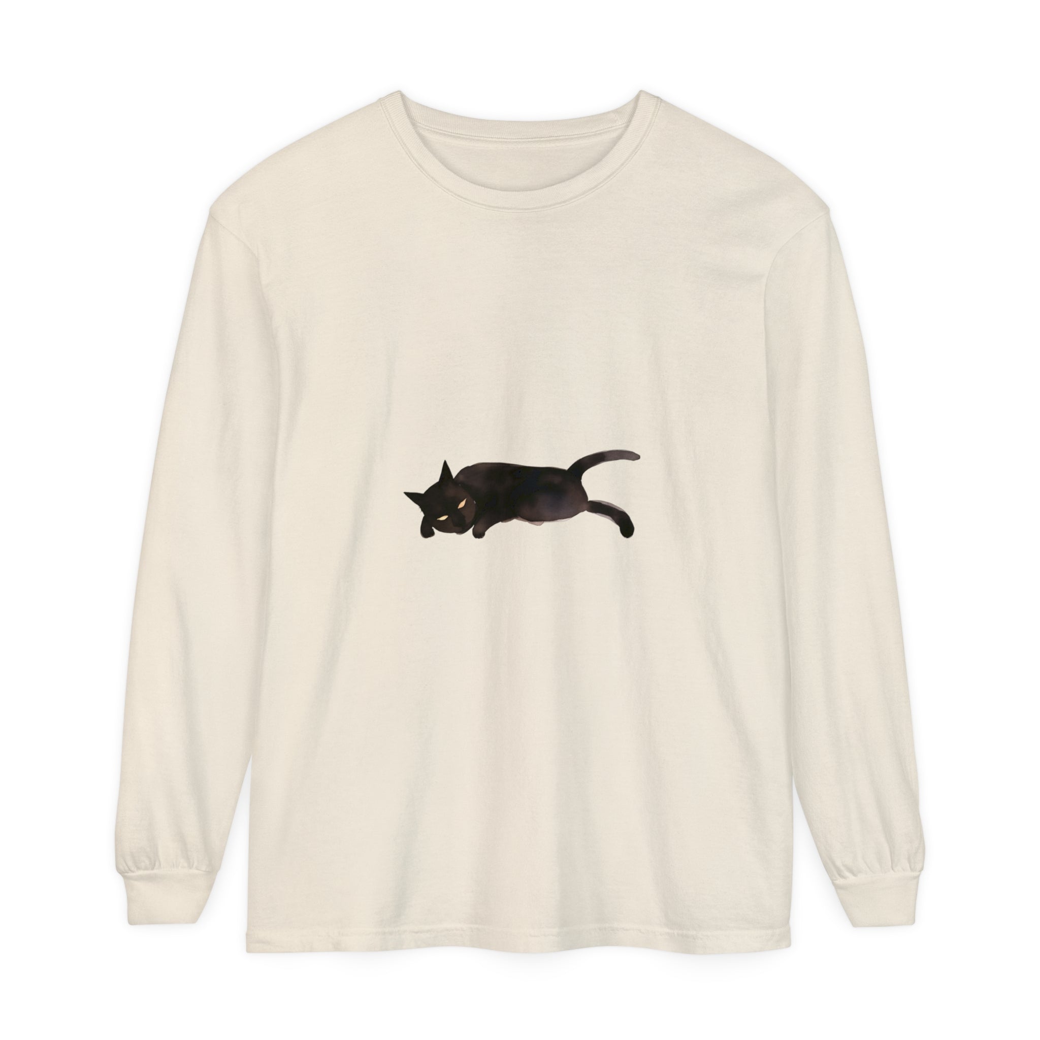 A comfortable unisex long sleeve t-shirt featuring a sleeping black cat