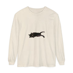 A comfortable unisex long sleeve t-shirt featuring a sleeping black cat