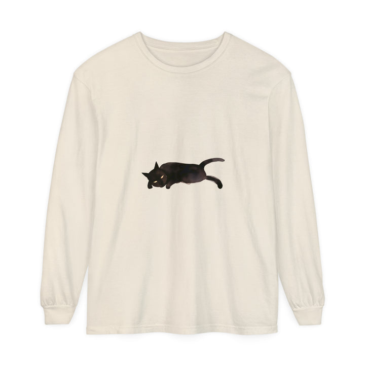 A comfortable unisex long sleeve t-shirt featuring a sleeping black cat