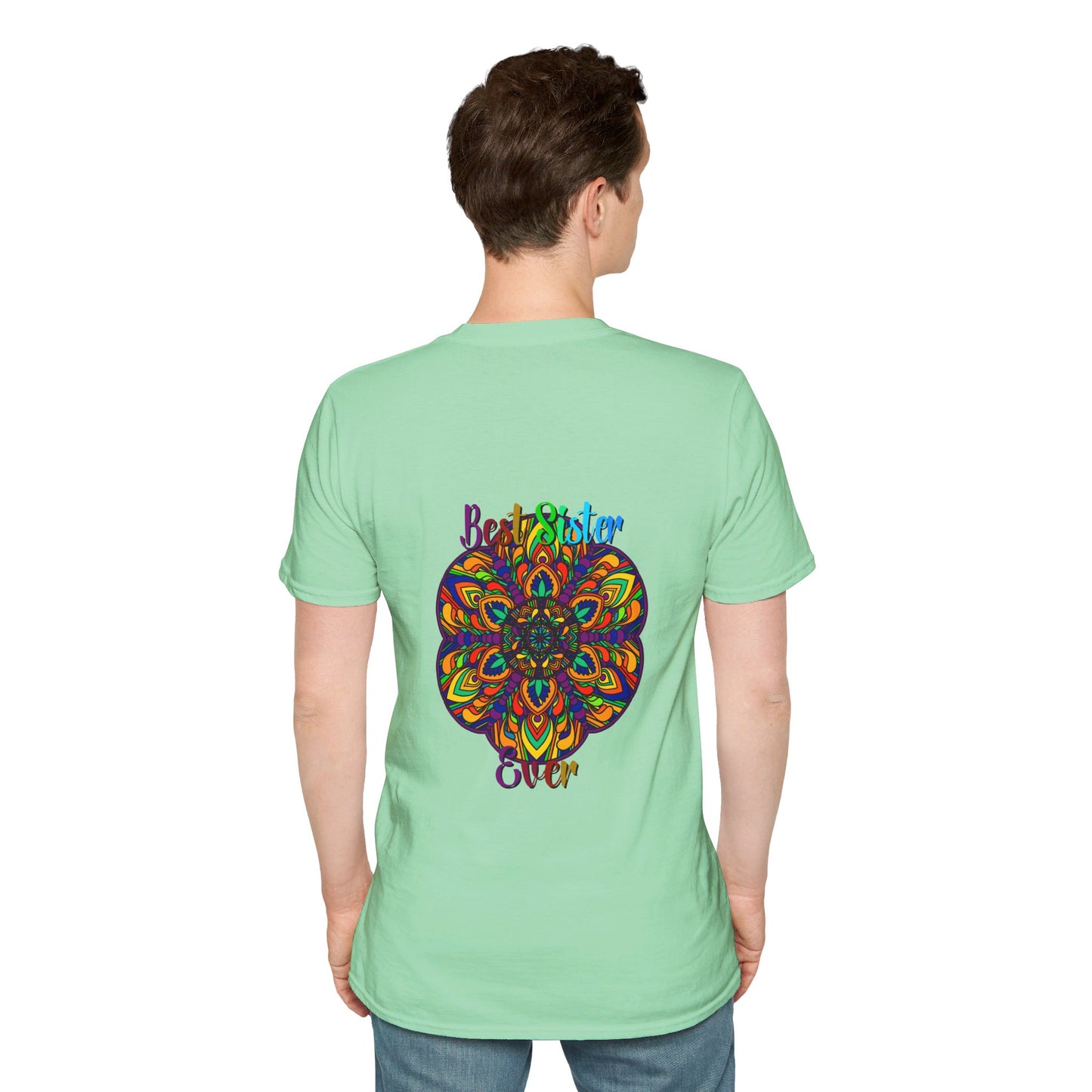 Softstyle unisex t-shirt featuring hand-drawn mandala art design, perfect gift for sister