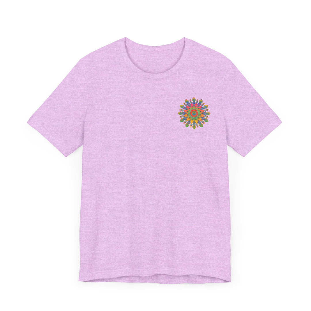 A vibrant and colorful psychedelic mandala t-shirt, featuring intricate spiritual peace design