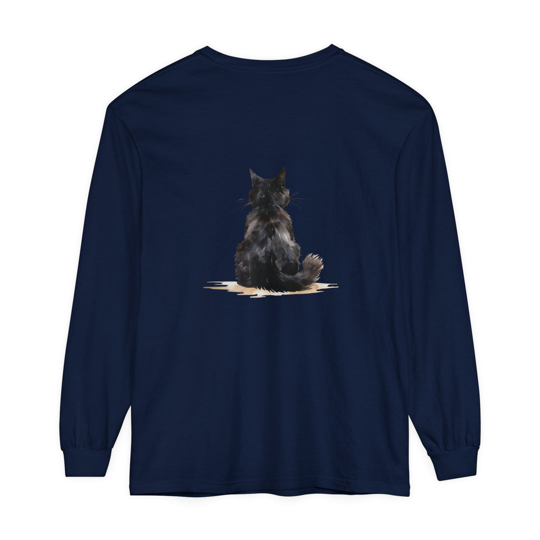 Black Cat Watercolor design featured on a Unisex Long Sleeve T-Shirt