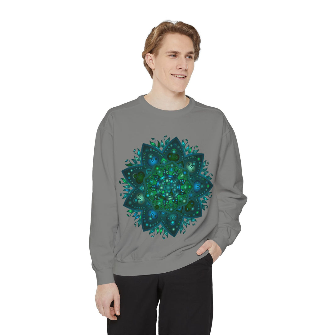 Teal and blue mandala sweatshirt with intricate and detailed design pattern