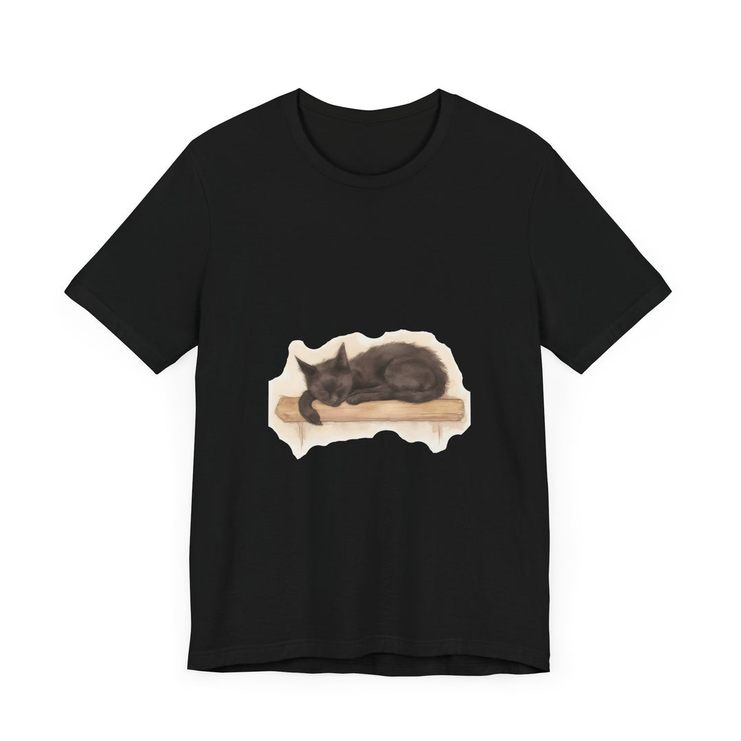 Watercolor t-shirt design featuring a sleeping black cat, perfect for cat lovers and animal enthusiasts