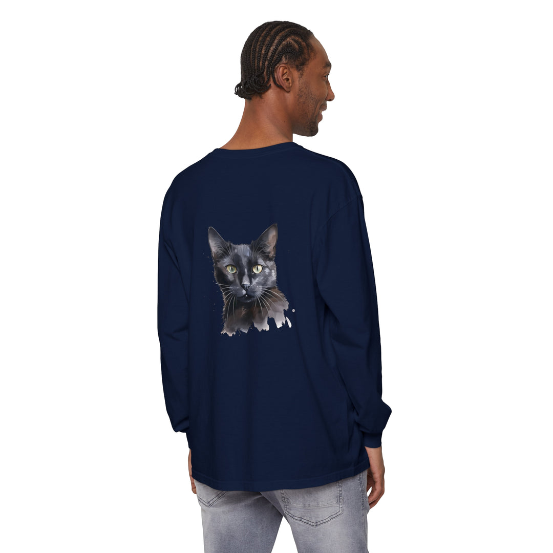 Black Cat Watercolor - Mystical Long Sleeve T-Shirt, featuring a hauntingly beautiful watercolor painting of a black cat against a deep blue background