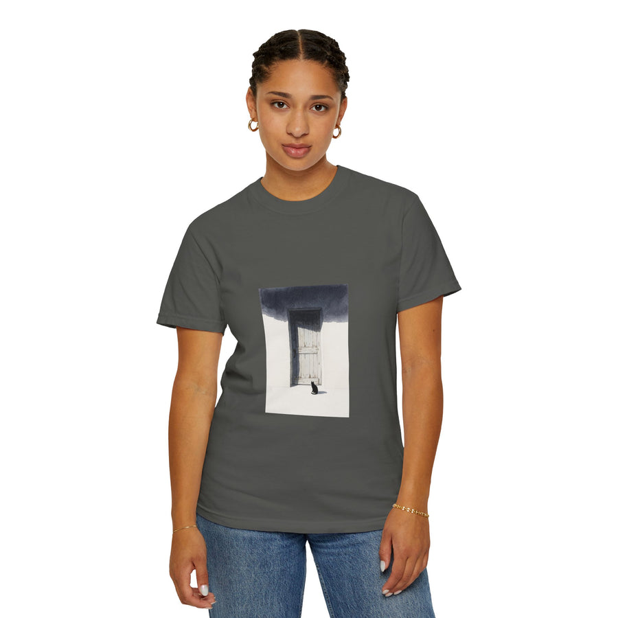 T-Shirt — Minimal Art Cat at Door Graphic Tee