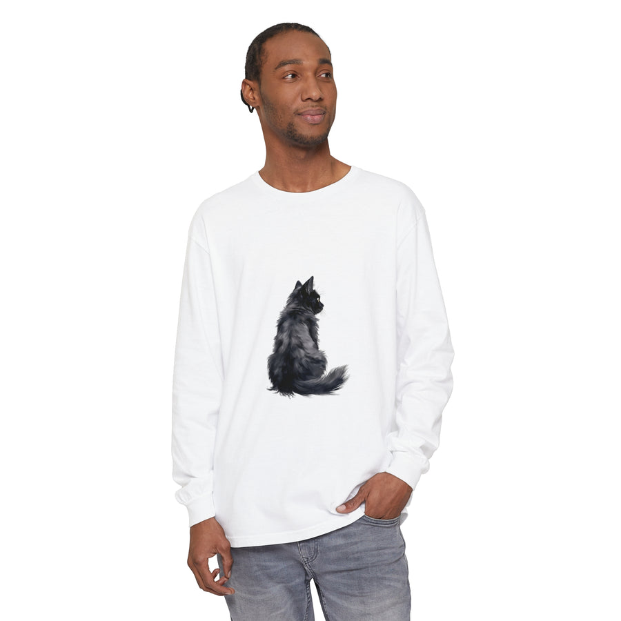 A stylish unisex long sleeve t-shirt featuring a black cat silhouette design