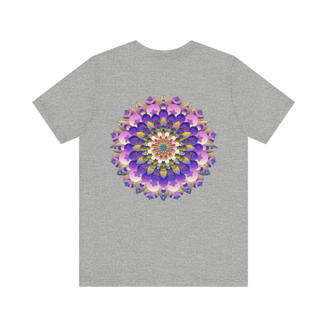 A close-up image of a white Mandala T-shirt with colorful intricate design, symbolizing spiritual peace and harmony, perfect for those seeking inner tranquility and balance