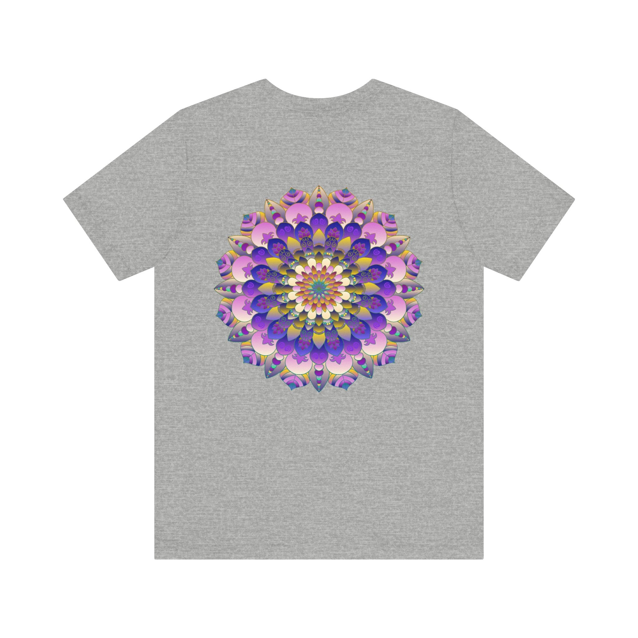 A close-up image of a white Mandala T-shirt with colorful intricate design, symbolizing spiritual peace and harmony, perfect for those seeking inner tranquility and balance