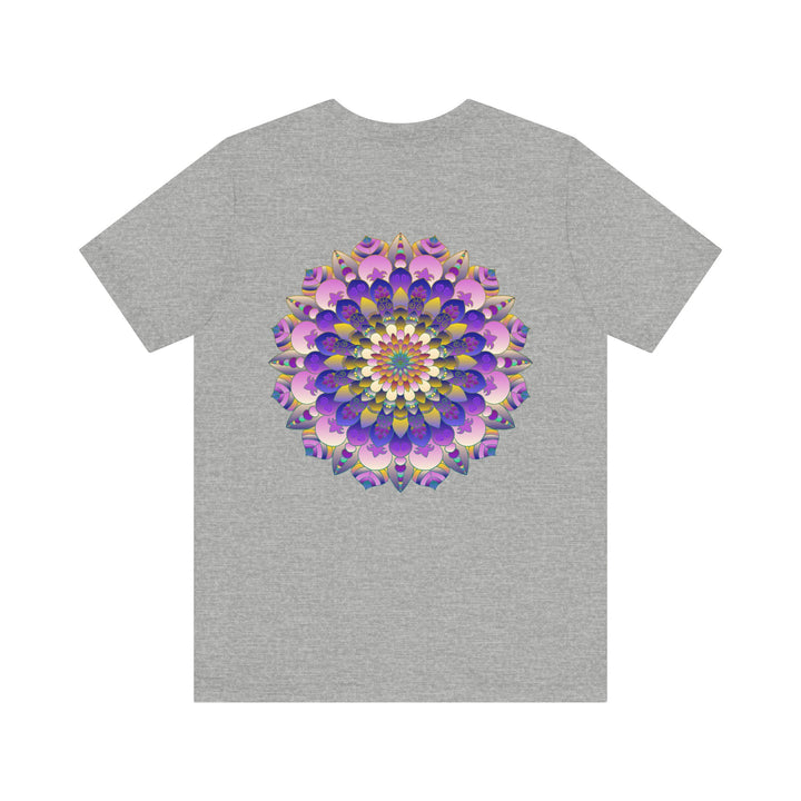 A close-up image of a white Mandala T-shirt with colorful intricate design, symbolizing spiritual peace and harmony, perfect for those seeking inner tranquility and balance