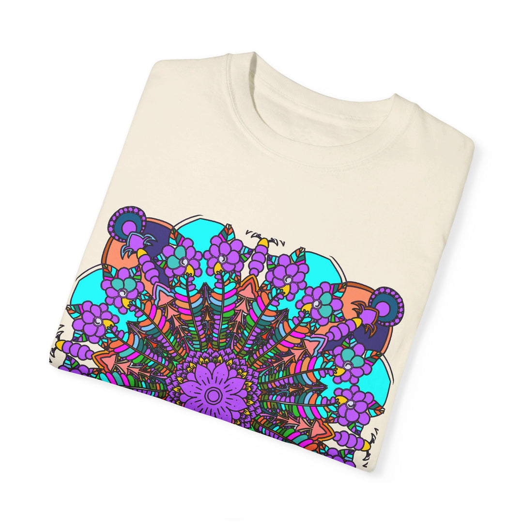 Unisex mandala t-shirt made of 100% ring-spun cotton, featuring hand-drawn mandala art and garment-dyed for extra comfort