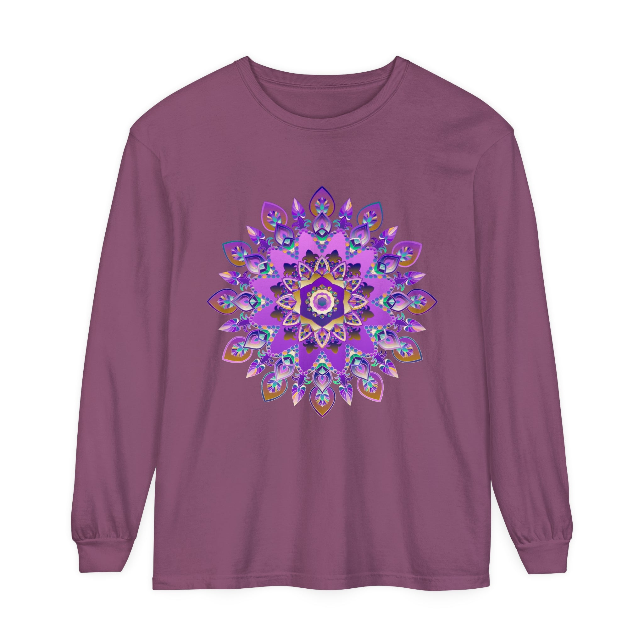 Beautiful purple and gold mandala design on long sleeve t-shirt