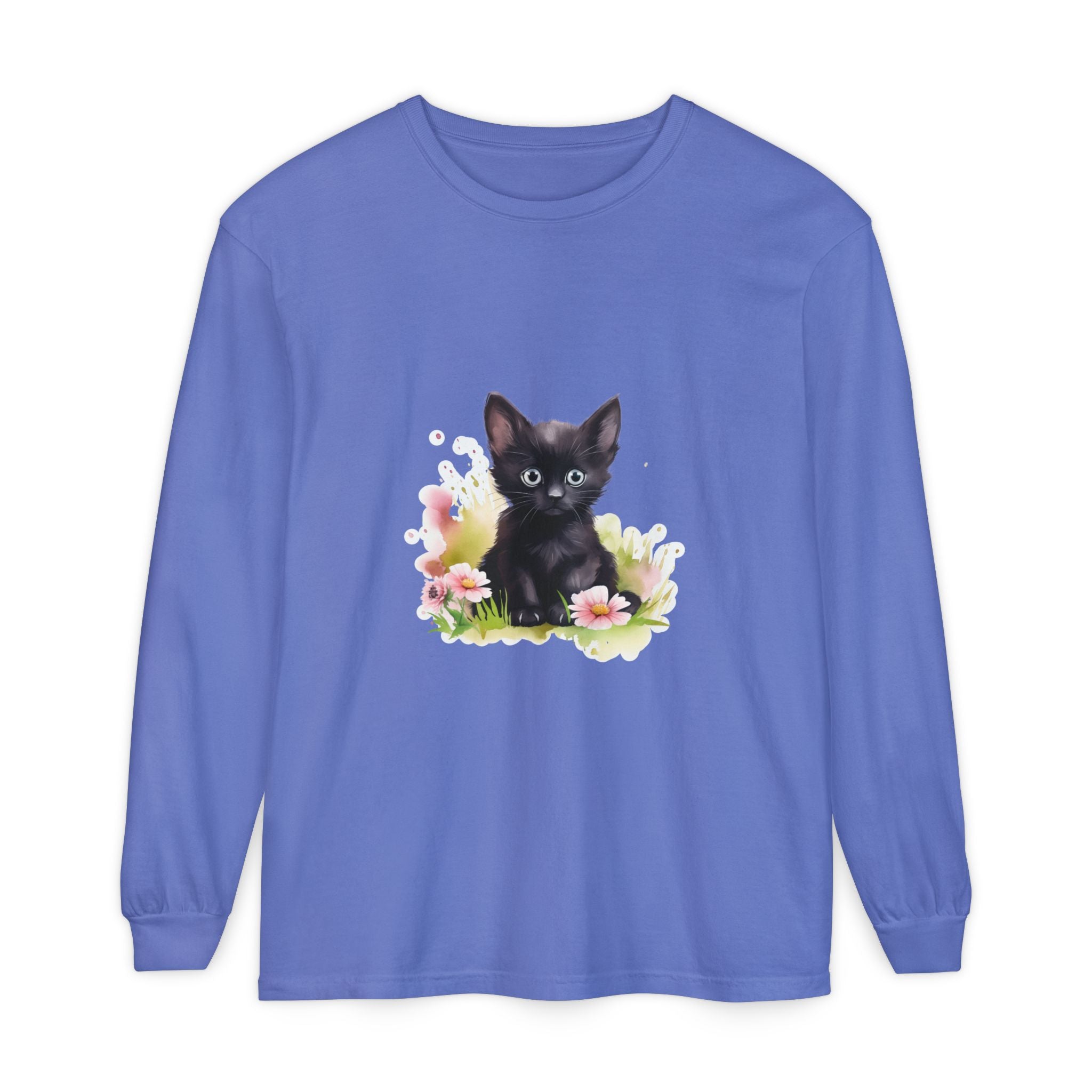 Langarmshirt | Schwarzes Kätzchen & rosa Blumen