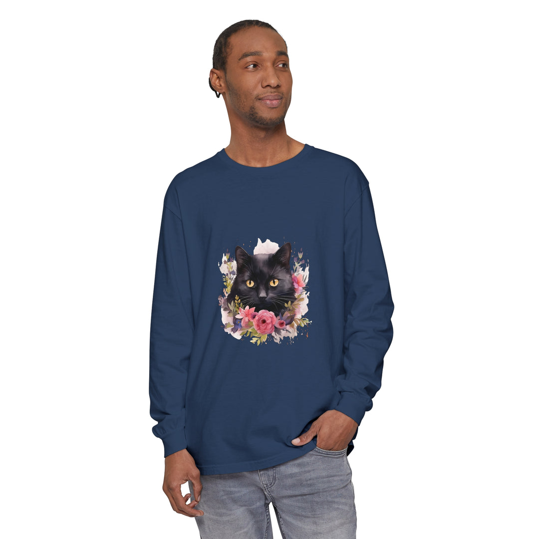 Black Cat Floral Watercolor Long Sleeve T-Shirt featuring beautiful hand-painted design