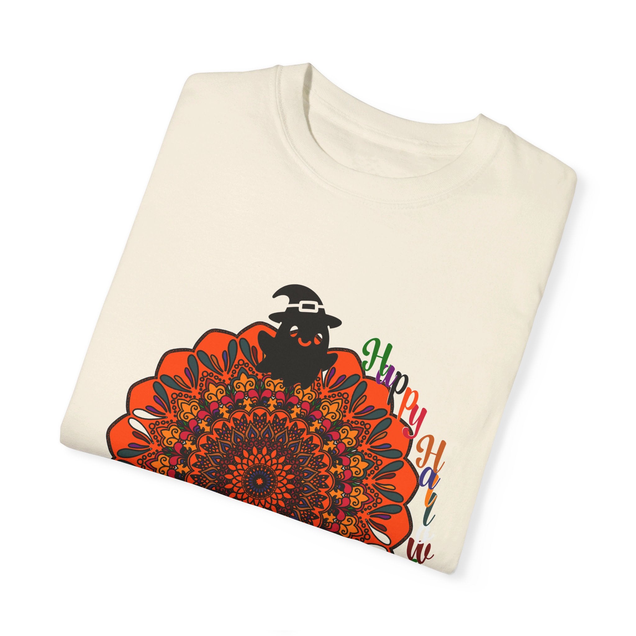 Handmade unisex garment-dyed tee featuring a pumpkin mandala art design for Halloween