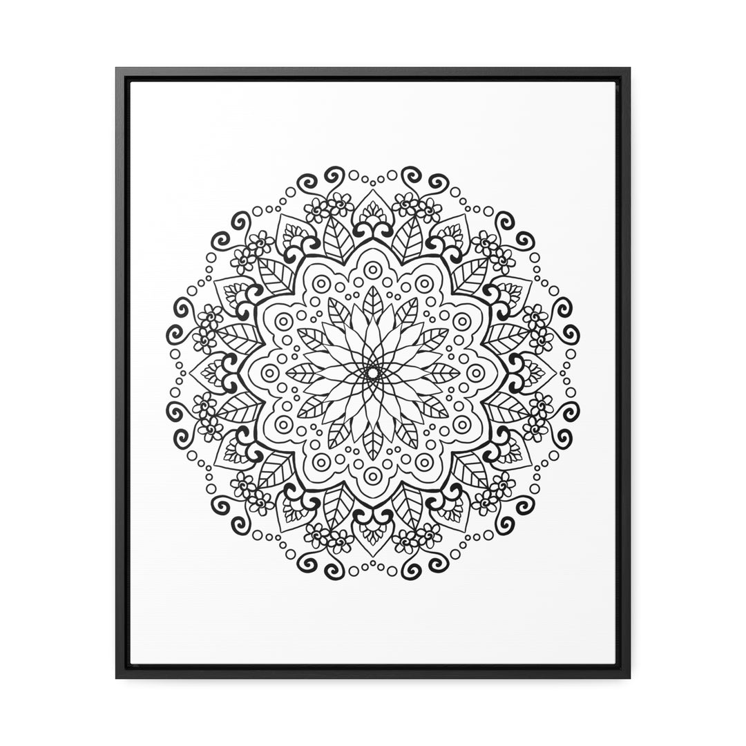 Handmade mandala art in black and white, displayed on gallery canvas wraps in vertical frame, perfect for enhancing your wall decor