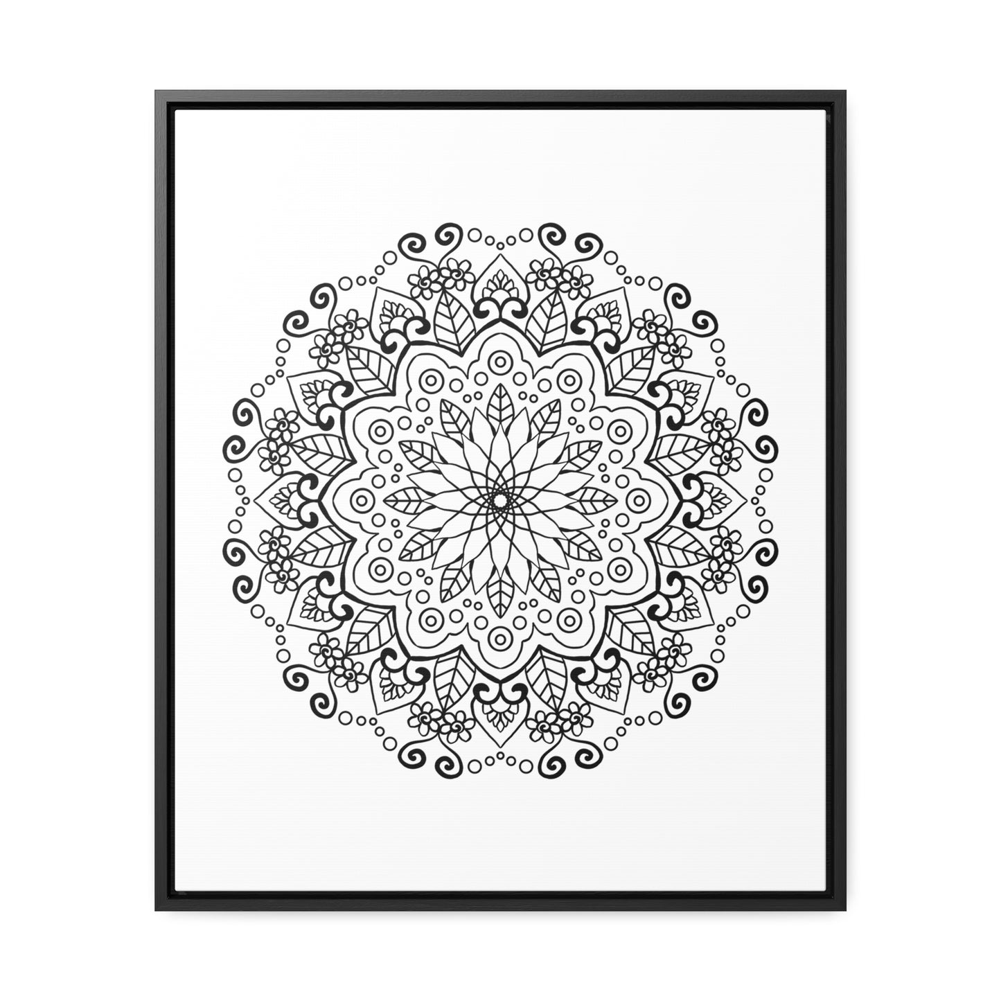 Handmade mandala art in black and white, displayed on gallery canvas wraps in vertical frame, perfect for enhancing your wall decor