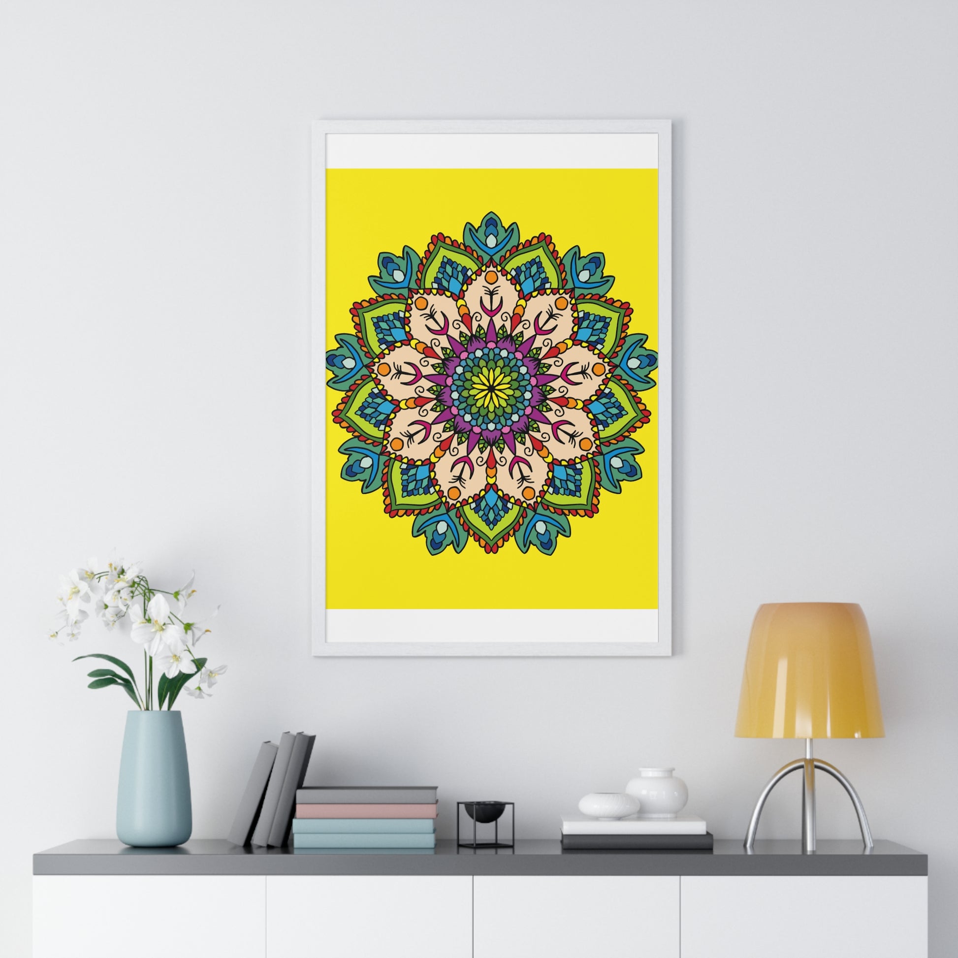 Vertical framed poster of a hand-drawn yellow mandala art, perfect for mindfulness and yoga enthusiasts