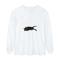 Black cat with closed eyes sleeping on a white unisex long sleeve t-shirt