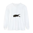 Black cat with closed eyes sleeping on a white unisex long sleeve t-shirt