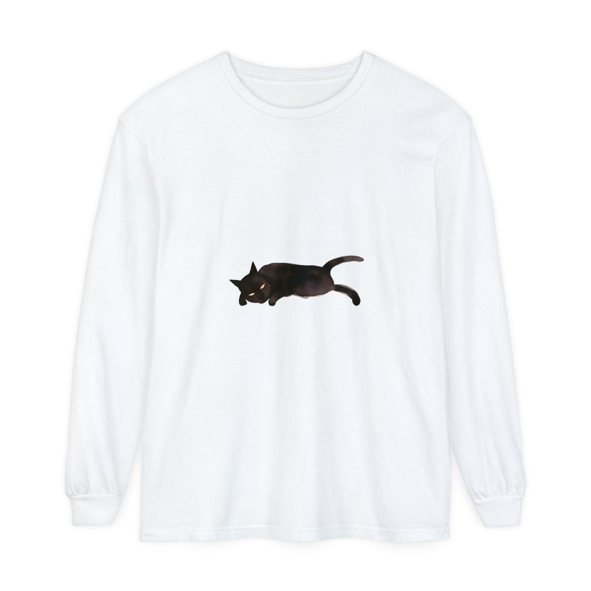 Black cat with closed eyes sleeping on a white unisex long sleeve t-shirt