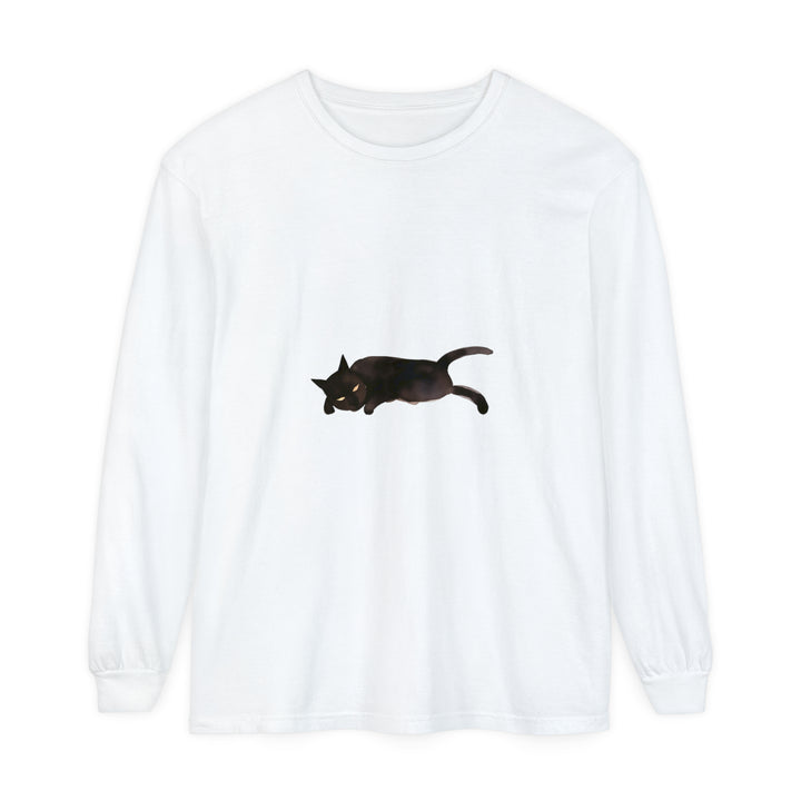 Black cat with closed eyes sleeping on a white unisex long sleeve t-shirt