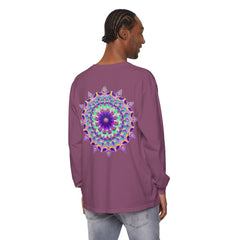 Colorful and intricate design of a psychedelic mandala on a long sleeve T-shirt