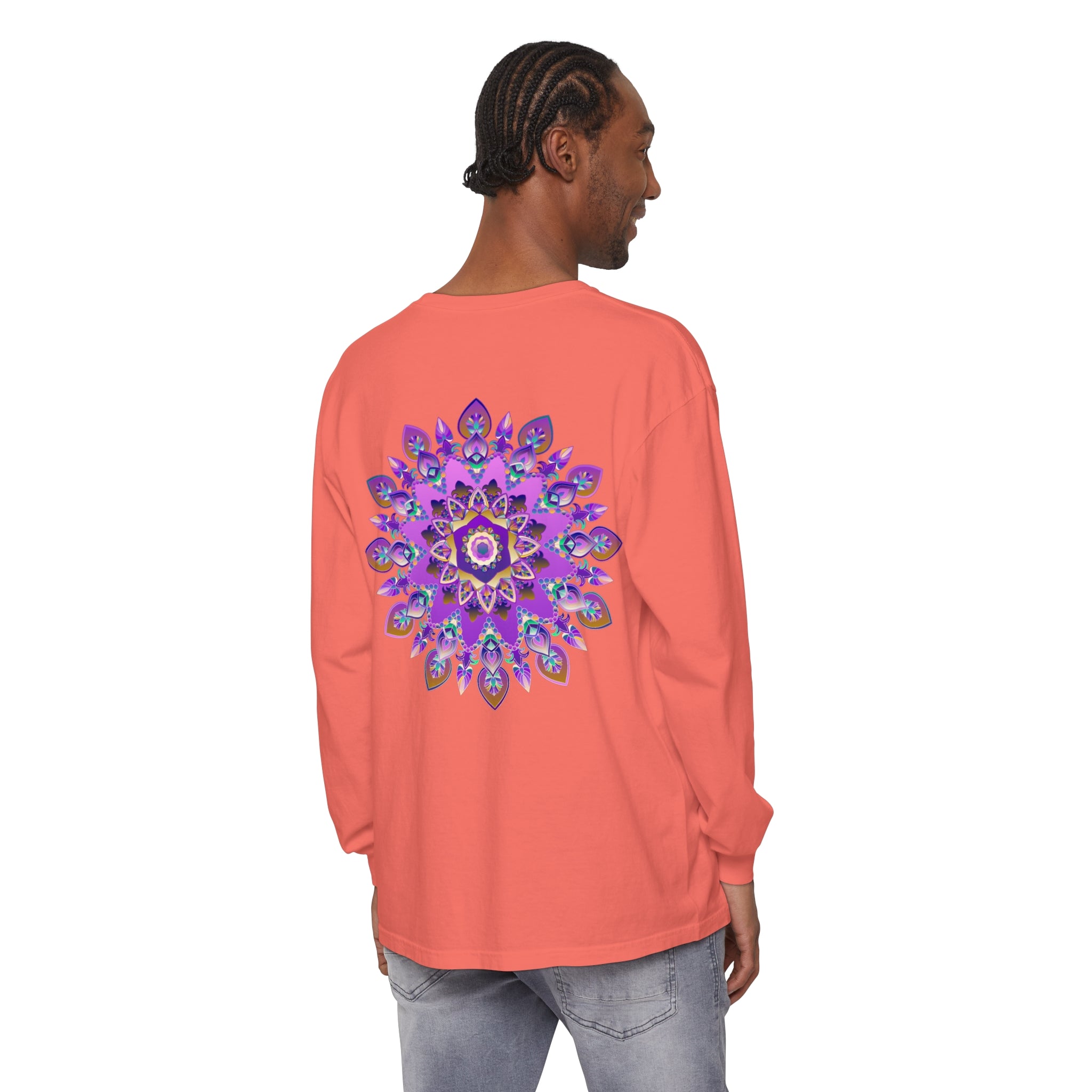 Vibrant purple and gold mandala design on long sleeve t-shirt