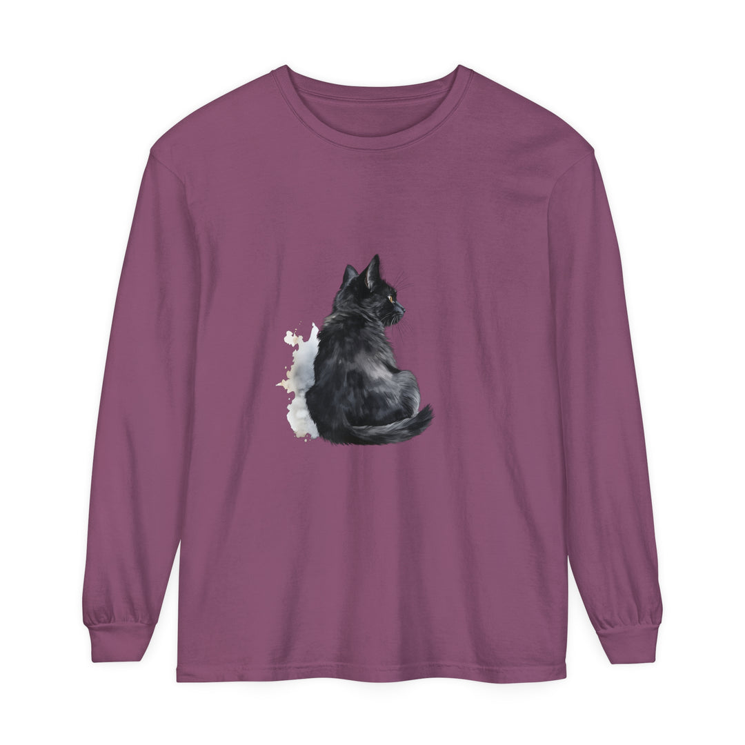 Unisex long sleeve t-shirt featuring a black cat watercolor design