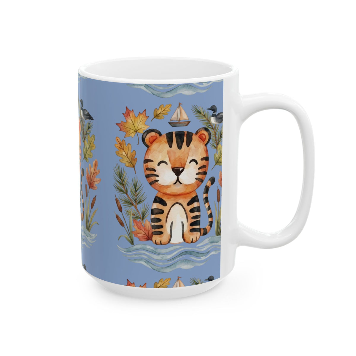 Tiger & Autumn Leaves Ceramic Mug — Cute Watercolor Tiger Coffee Cup (11oz, 15oz)