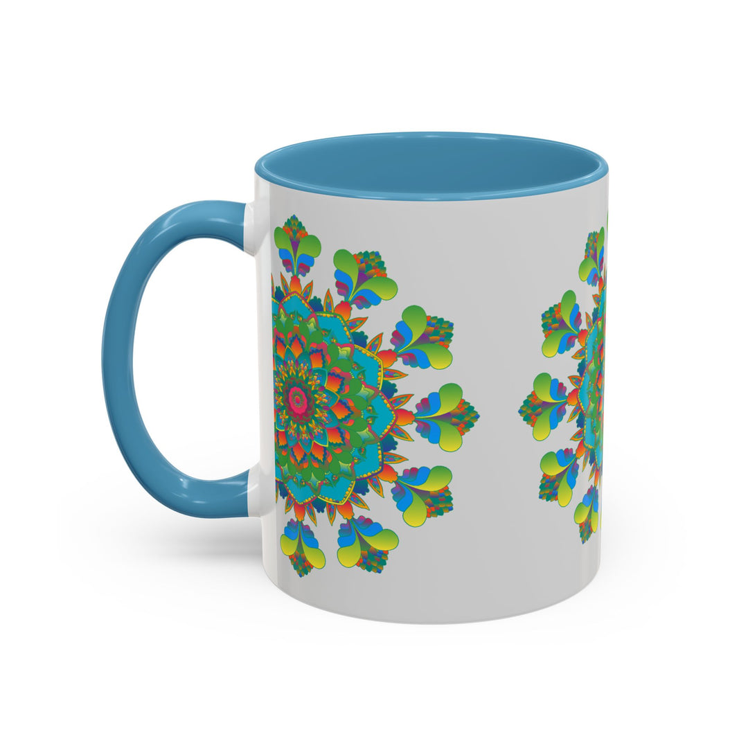 Fashionable Mandala Art Mug - Vibrant Colors on Grey adding style to your coffee or tea time