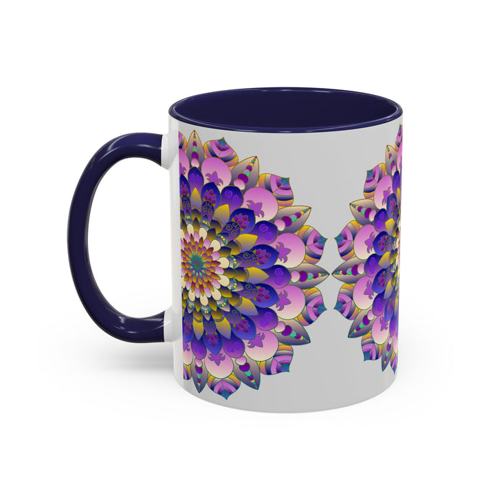 Colorful mandala art mug with vibrant and intricate designs on grey background