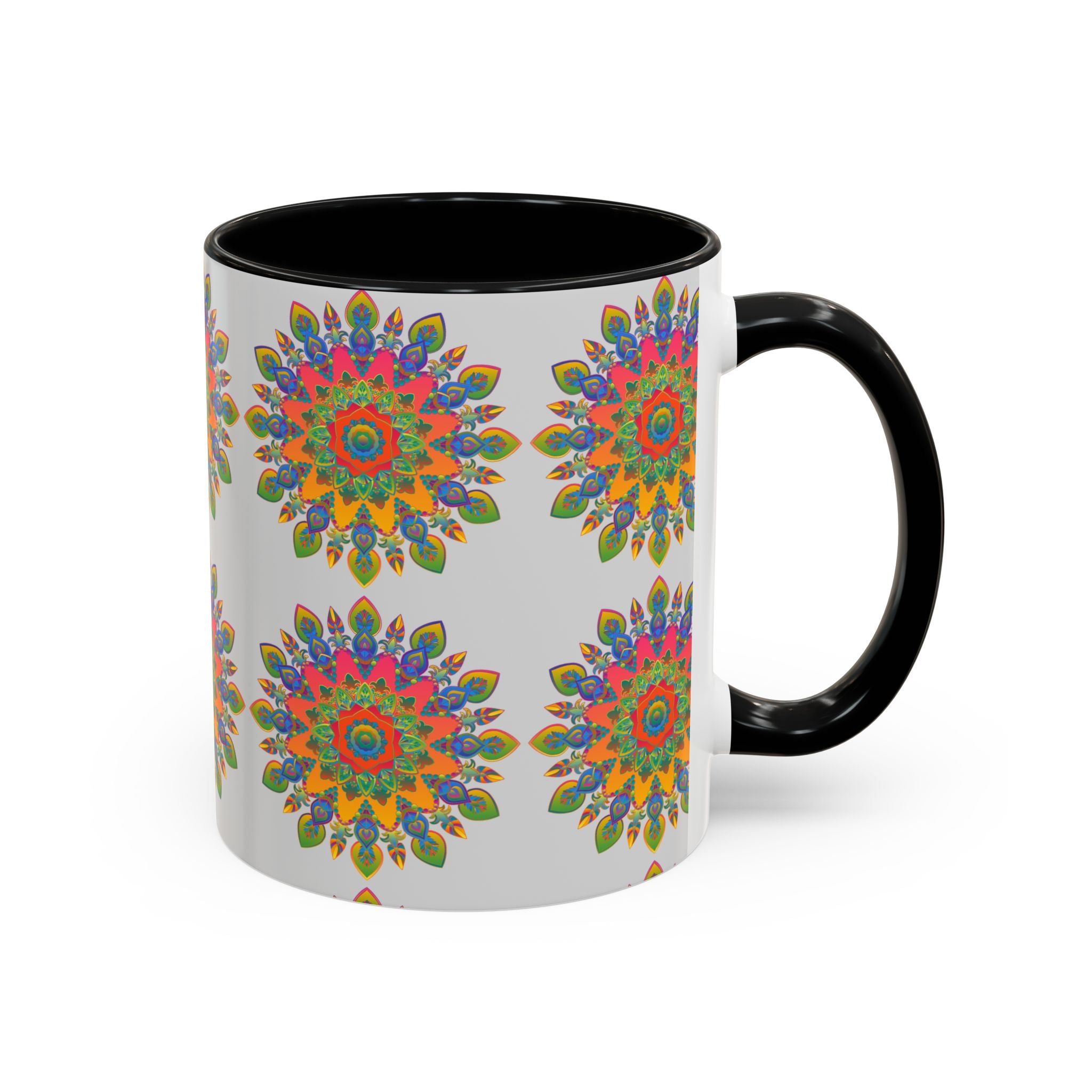 A beautifully designed mandala mug featuring vibrant colors and intricate artwork on a grey background, perfect for adding a pop of color to your morning routine