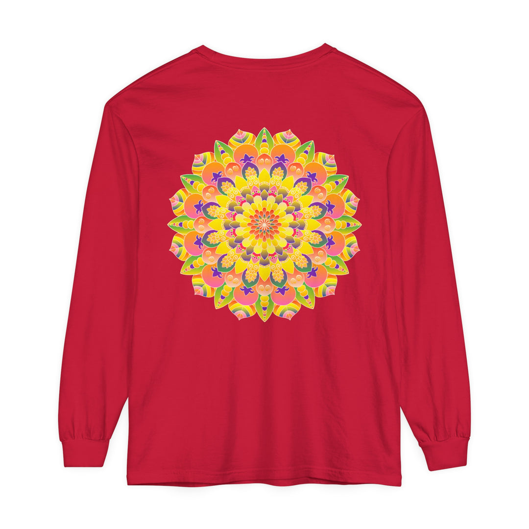 Colorful and intricate mandala design on a unisex long sleeve t-shirt