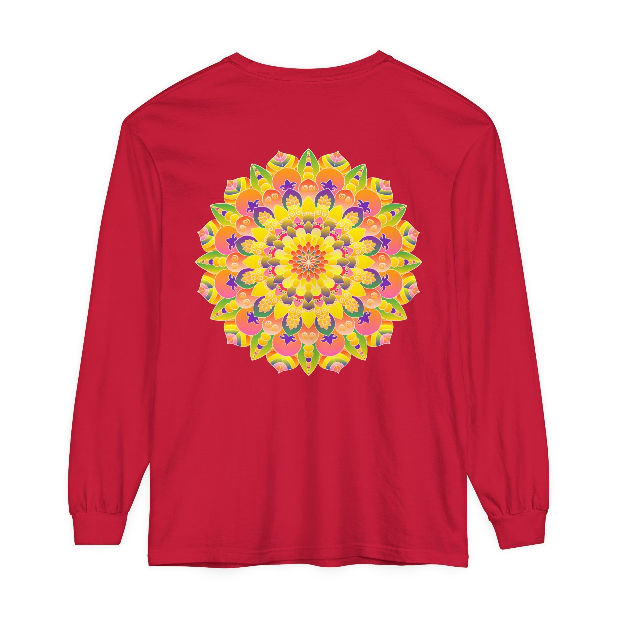 Colorful and intricate mandala design on a unisex long sleeve t-shirt