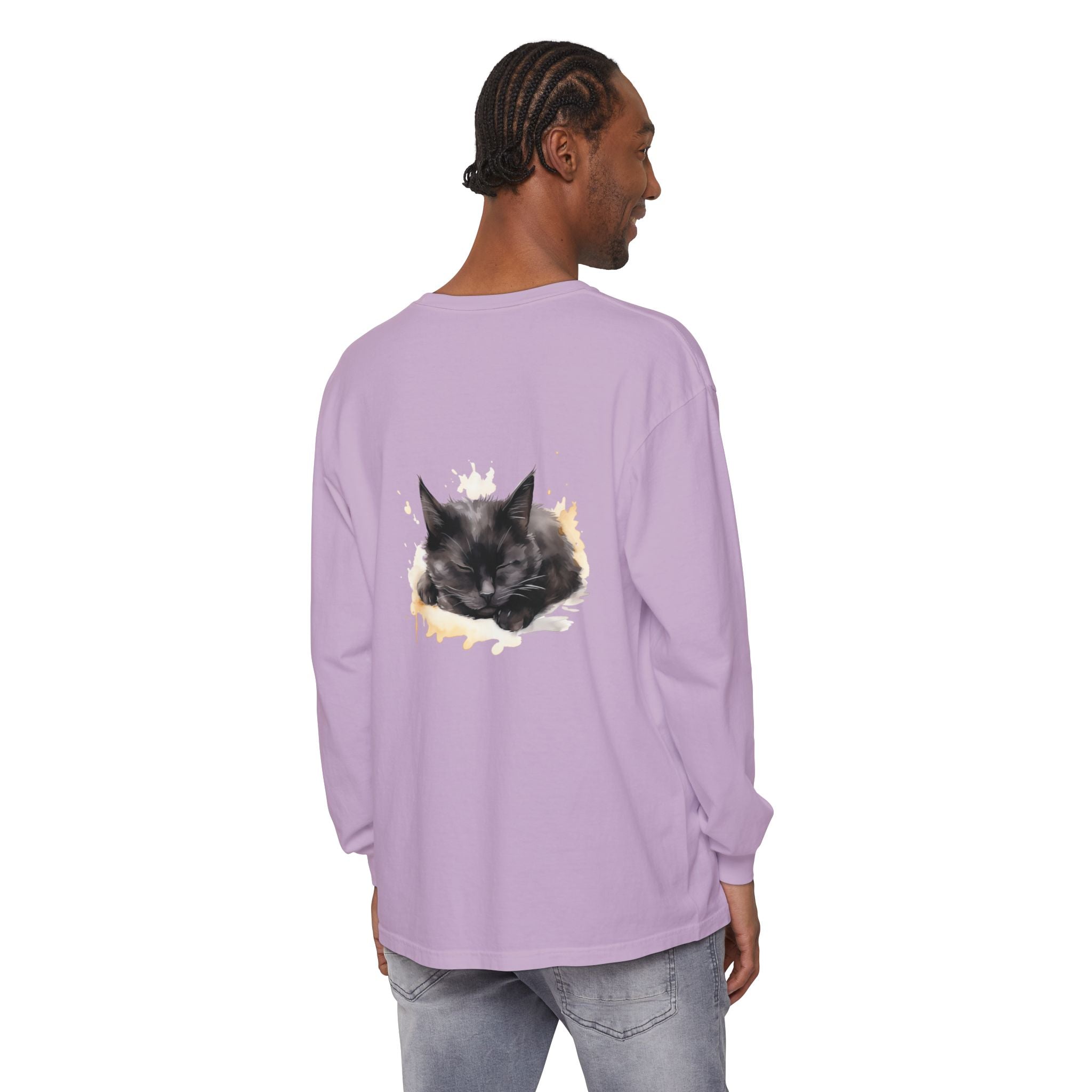 Sleepy Cat Watercolor Long Sleeve T-Shirt