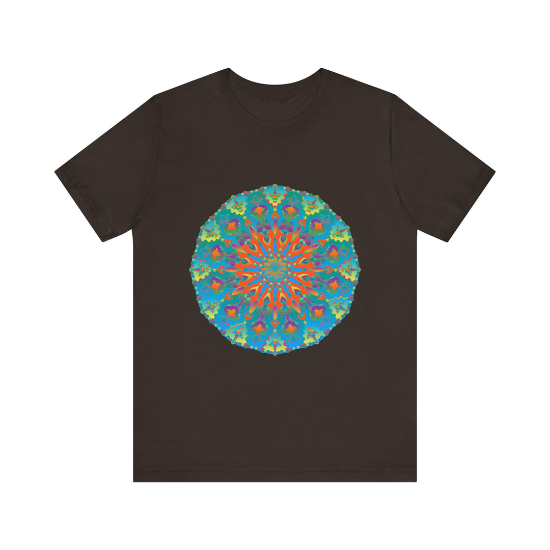 A vibrant and intricate Rainbow Mandala Tee, featuring a beautiful and colorful design