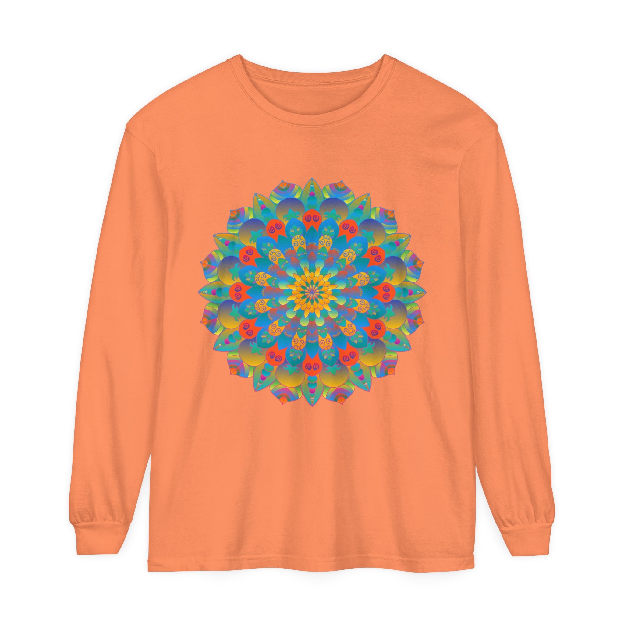 Colorful and intricate mandala design on a long sleeve unisex t-shirt