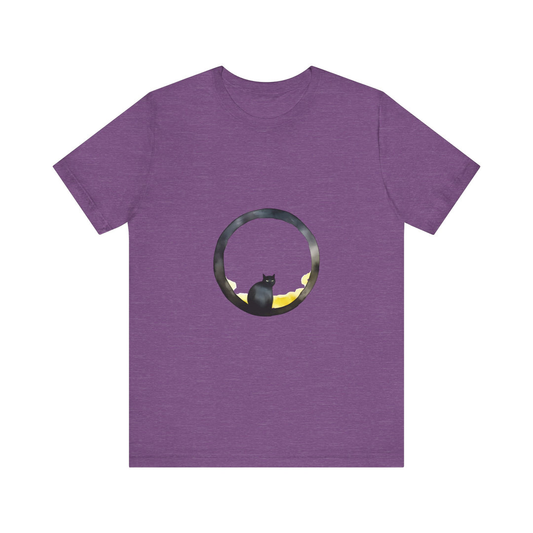 Black Cat Moon Tee - Whimsical Style, a black t-shirt with a cute cat silhouette against a crescent moon, perfect for adding a touch of magic to your wardrobe