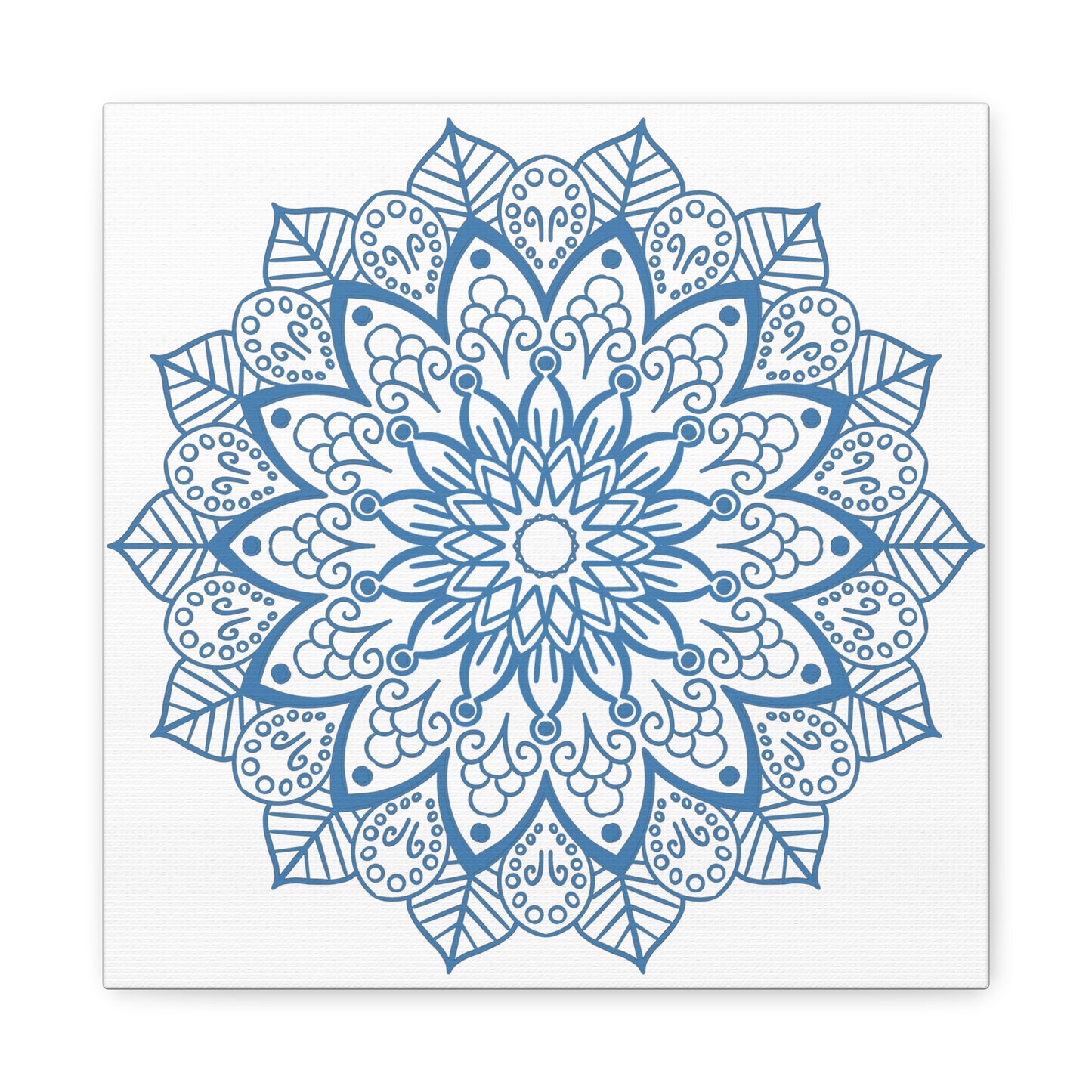 Handmade Mandala Art in Steel Blue with intricate mandala design, printed on matte canvas and stretched over a 125 inch frame, perfect for wall decor