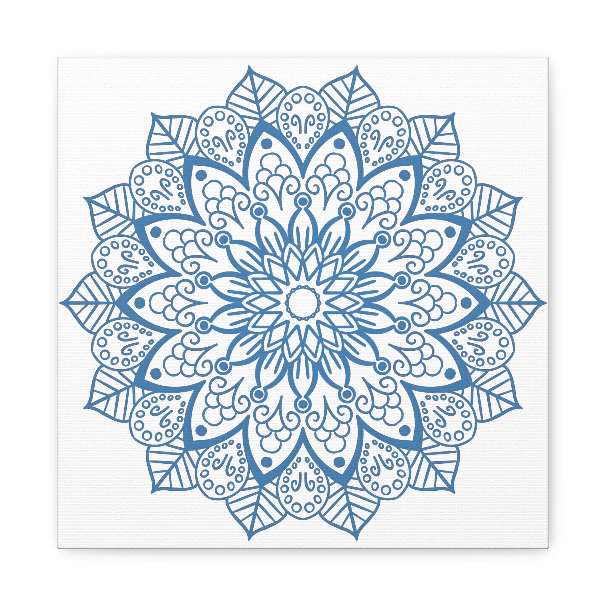 Handmade Mandala Art in Steel Blue with intricate mandala design, printed on matte canvas and stretched over a 125 inch frame, perfect for wall decor