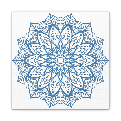 Handmade Mandala Art in Steel Blue with intricate mandala design, printed on matte canvas and stretched over a 125 inch frame, perfect for wall decor