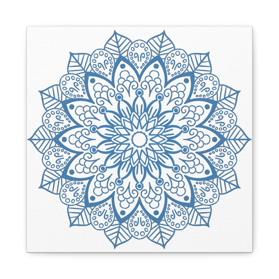 Handmade Mandala Art in Steel Blue with intricate mandala design, printed on matte canvas and stretched over a 125 inch frame, perfect for wall decor