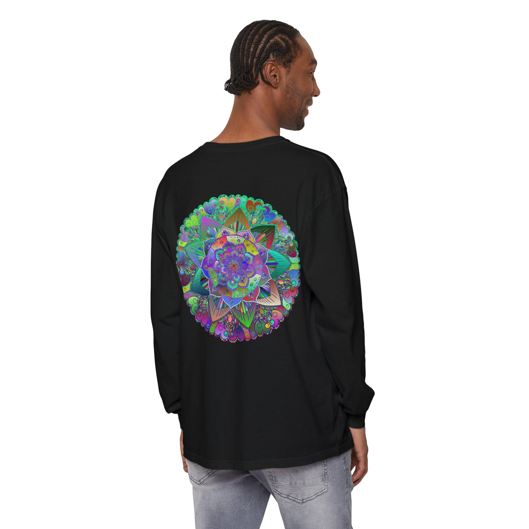 Colorful and intricate Mandala design adorns a unisex long sleeve T-shirt