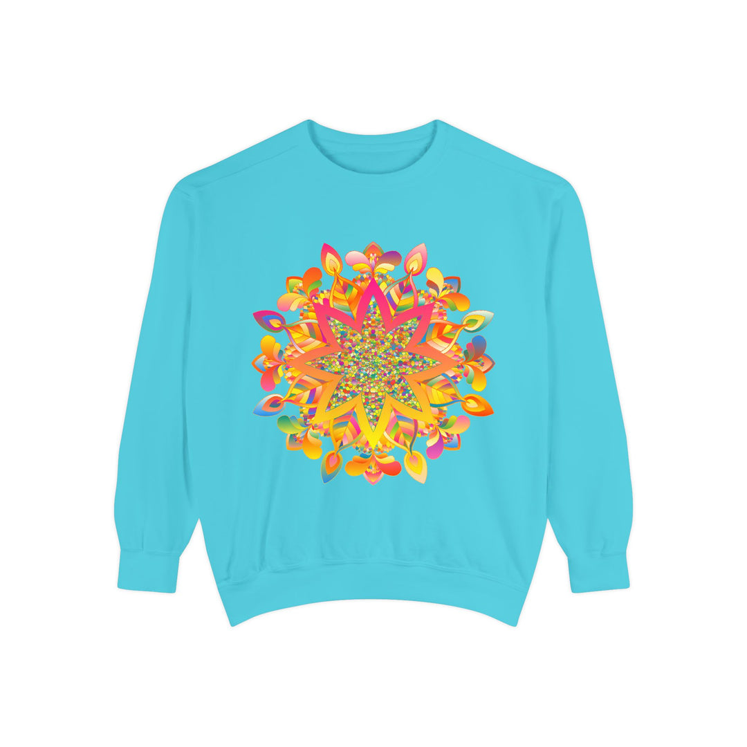 Beautiful hand-drawn mandala design sweatshirt in vibrant colors for women