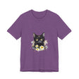 Black cat with piercing yellow eyes staring intensely on a t-shirt