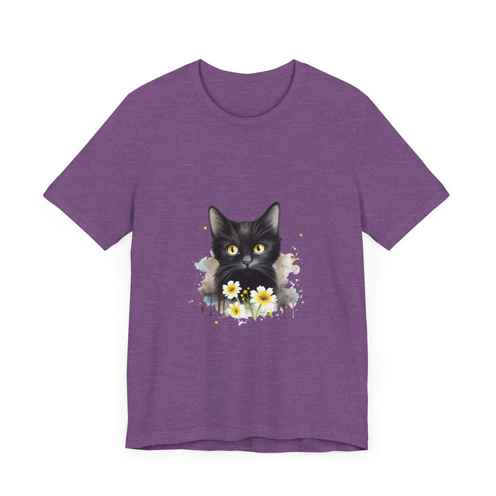 Black cat with piercing yellow eyes staring intensely on a t-shirt